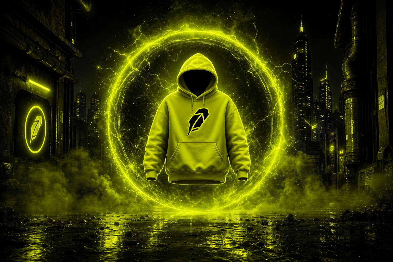 A glowing Robinhoodies hoodie portal
