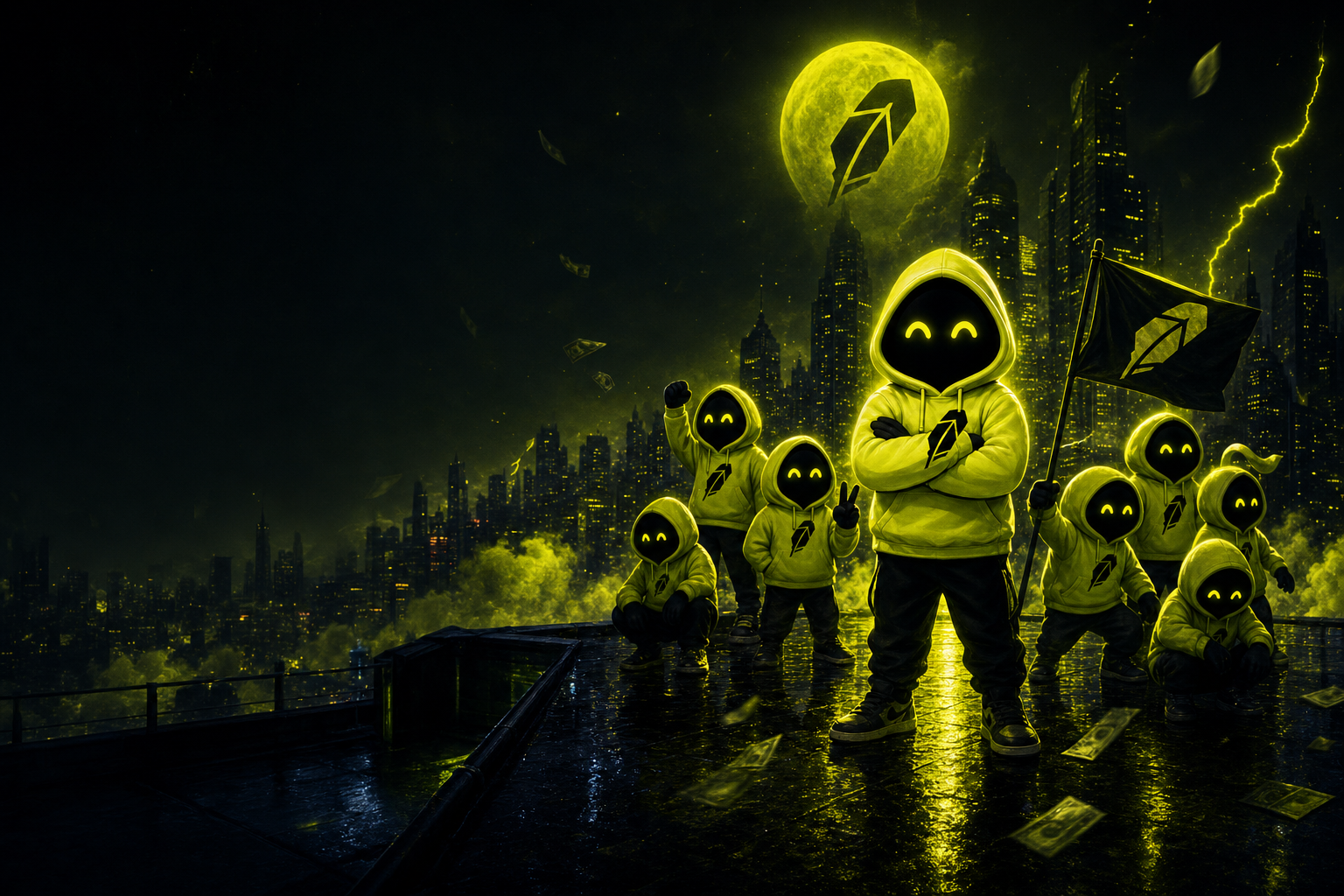 Robinhoodies crew standing over a neon city